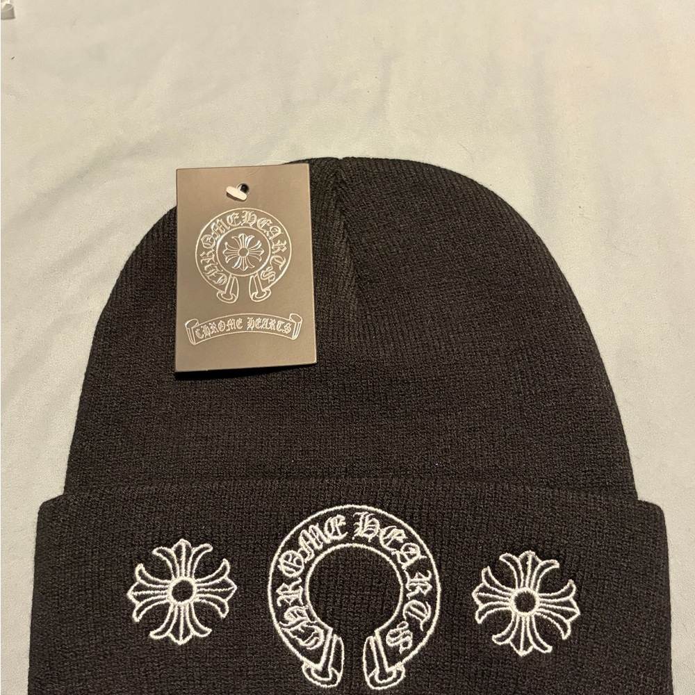 Chrome Hearts Black Beanie with White Embroidered Logos
